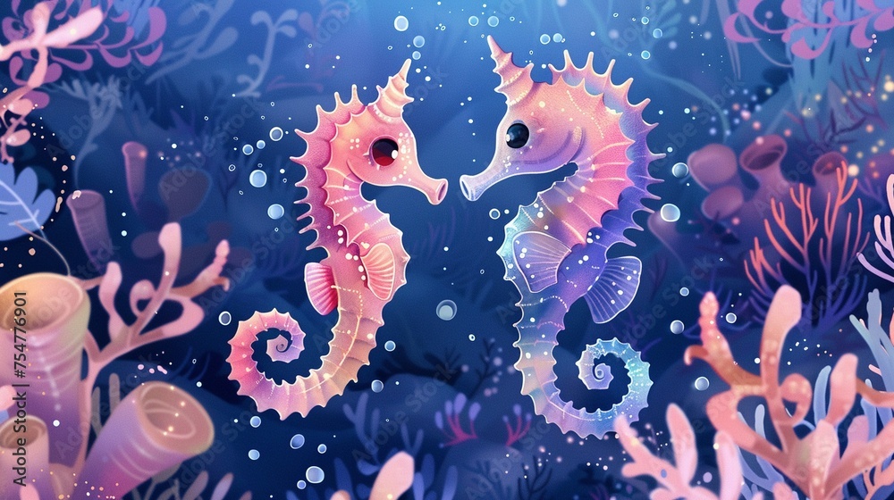 Kawaii Art of Baby seahorses dancing in a mesmerizing underwater ballet. Kawaii Art of Baby seahorses dancing in a mesmerizing underwater ballet.