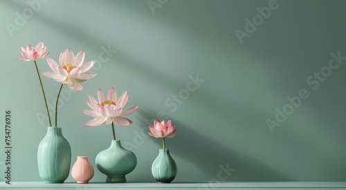 Three Vases With Flowers on Shelf