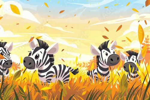 Kawaii Art of Baby zebras frolicking on the savanna.cute wallpaper pattern style