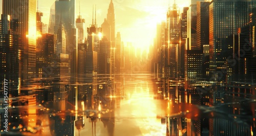 Cityscape With Suns Reflection in Water