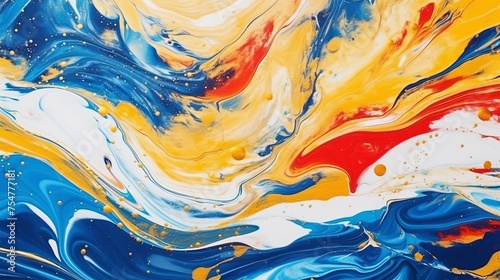 Yellow liquid marble serves as the backdrop for blue and red streaks, sprinkled with gold sparkles, creating a vibrant avant-garde painting with rich texture.