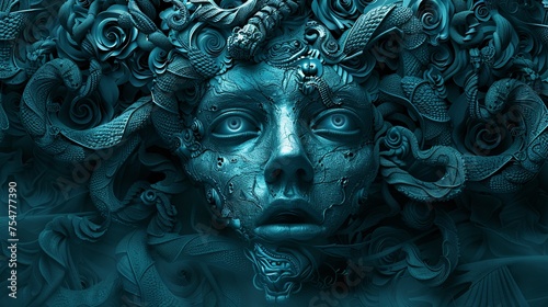 Art of Tell the tale of a traveler who encounters the petrifying gaze of Medusa.