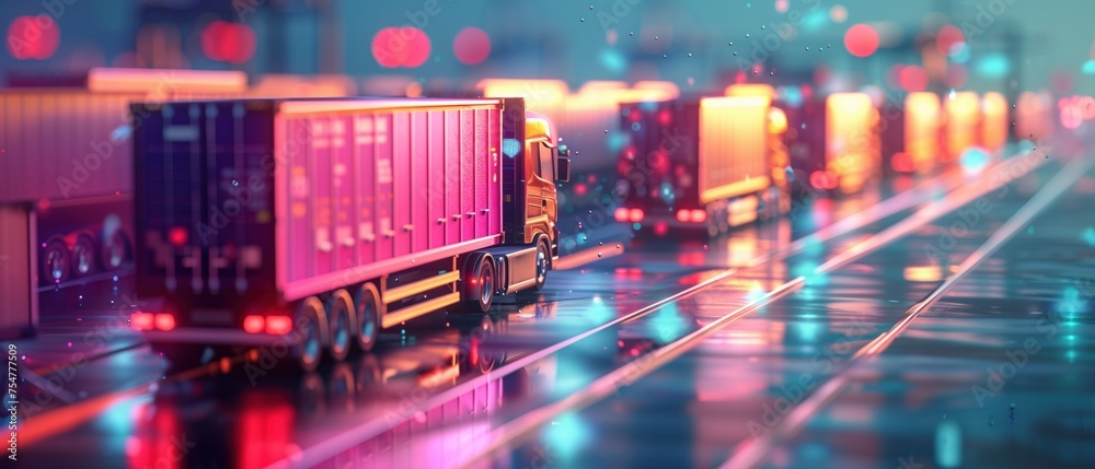 Futuristic Freight Transport, a convoy of trucks in a vibrant, futuristic setting, showcasing advanced logistics and neon-lit, data-driven transportation.