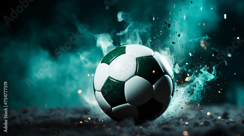 Soccer ball with fire on a dark background, a bright flame symbol background © iCexpert