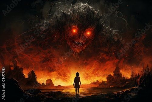 Shadowy Dark fire monster. Evil satan art. Generate Ai