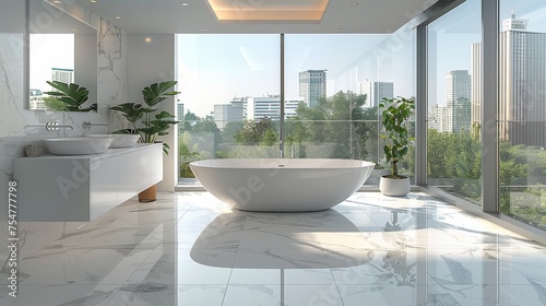Modern Bathroom With Tub, Sink, and Large Window © olegganko