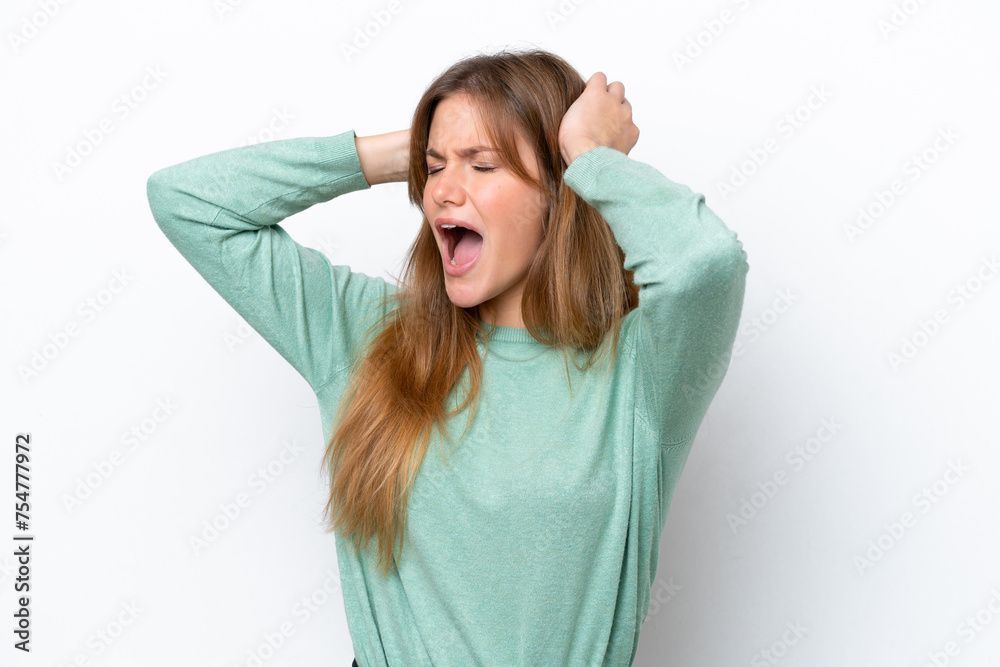 Young caucasian woman isolated on white background stressed overwhelmed Young caucasian woman isolated on white background stressed overwhelmed