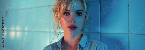 Woman With Blonde Hair Standing in Front of Blue Wall