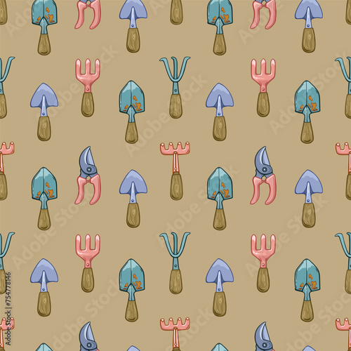 Seamless pattern with garden tools: shovels, rakes, pruning shears on a beige background.