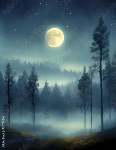 Abstract seamless Fog over the mystical forest on a moonlit night. Horizontal illustration © Watercolor_Concept