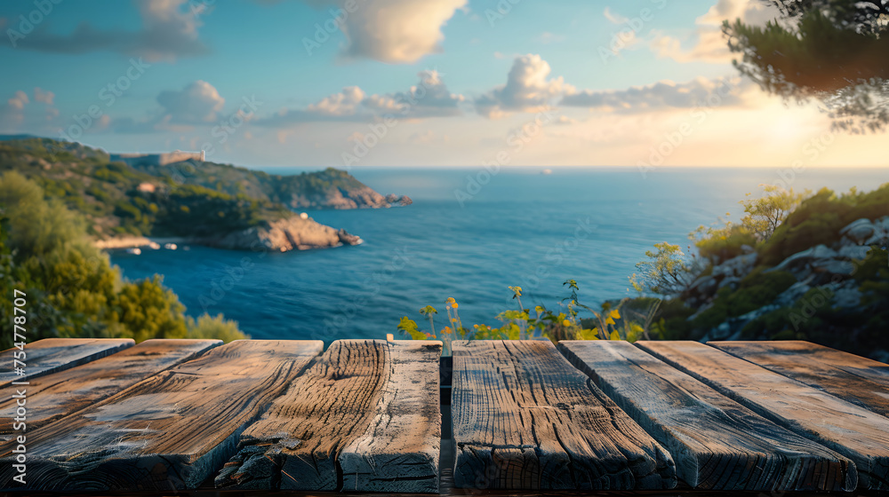 Obraz premium A wooden deck overlooking a tropical island with palm trees and clear blue water.