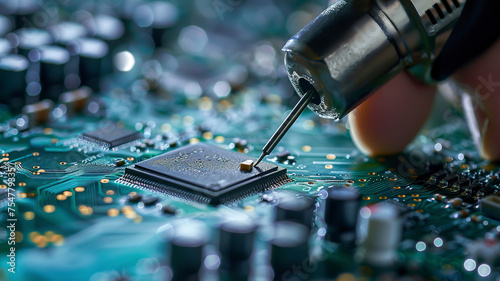 close up of a electronic circuit board, repair of a computer, close up of a computer board soldering with soldering iron by technician