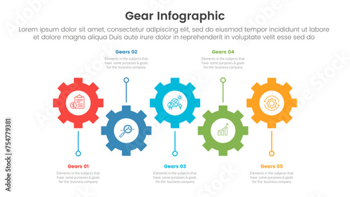 gear cogwheel infographic template banner with timeline style up down line connection with 5 point list information for slide presentation