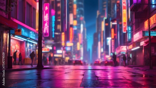 A neon-lit city street, completely blurred into an electric dance of vibrant colors, with no distinguishable features, generative AI © Zohaib