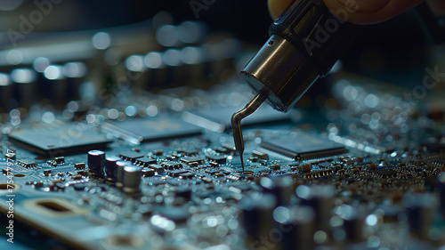 close up of a electronic circuit board, repair of a computer, close up of a computer board soldering with soldering iron by technician