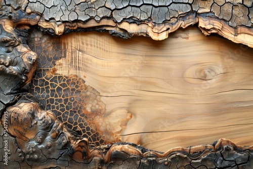 Burnt Wooden Texture with Natural Patterns and Charred Edges Perfect for Background or Material Concepts photo