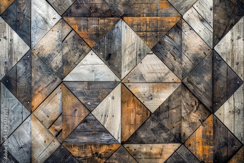 Abstract Geometric Wooden Mosaic Background in Earth Tones  Textured Rustic Wood Wall Art with Triangular and Diamond Shapes