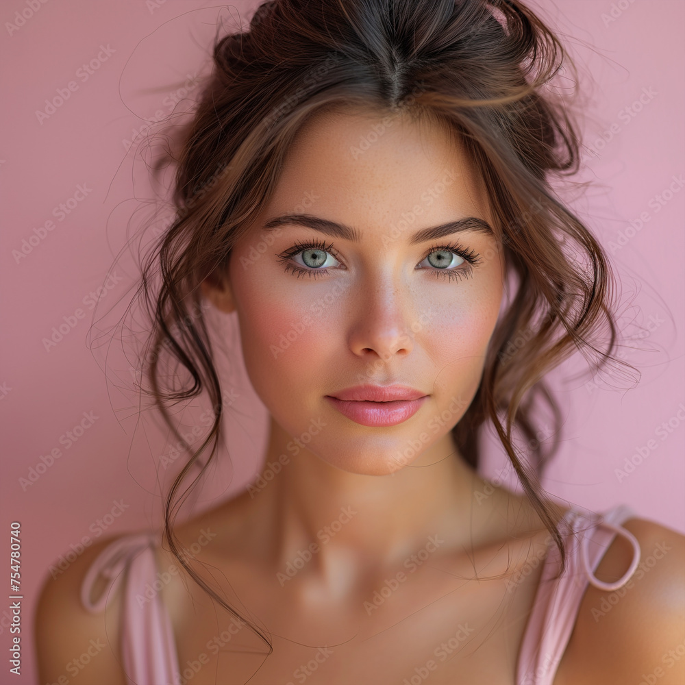 Beauty brunette woman with neat hair and healthy skin looks at the camera natural makeup of a young beautiful model on a studio background with copy space. cosmetic concept ai technology Beauty brunette woman with neat hair and healthy skin looks at the camera natural makeup of a young beautiful model on a studio background with copy space. cosmetic concept ai technology