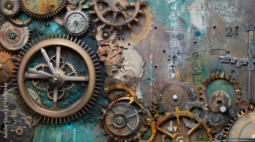 Steampunk Mixed Media Background with Gears and Cogs Macro Shot