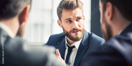 Portrait of handsome attractive hipster businessman with stylish haircut sitting in boardroom discussing work with colleagues. Office indoor background.