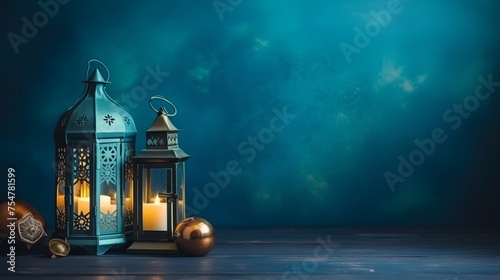 A blue-colored background represents Ramadan Kareem and Eid al-Fitr concepts, adorned with dates and Arabic traditional lanterns, creating an Eid Mubarak image.