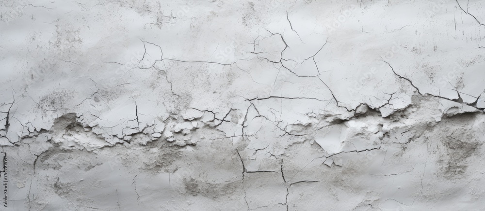 Obraz premium A black and white photograph showcasing a cracked wall. The texture of the white cement is visible through the cracks, adding a sense of decay and wear to the structure.