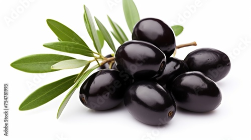 A close-up image captures olives with olive leaves, isolated on a white background.