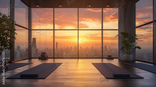 An empty yoga classroom with mats, a sprawling city view through large windows during sunset, and a peaceful interior atmosphere conducive to relaxation and meditation. Ai generate