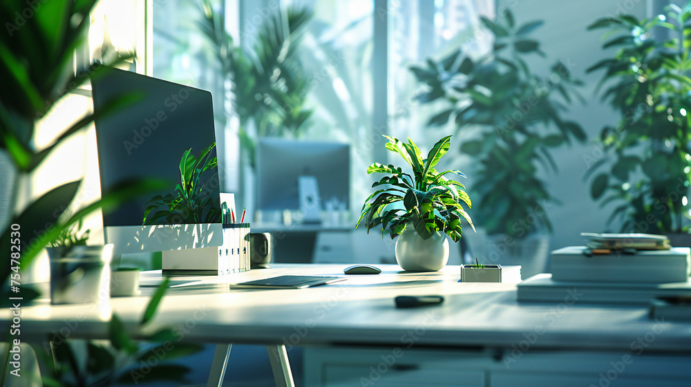 Modern Office Workspace with Computer and Plant, Stylish Business Desk, Clean and Minimalist Interior Design Modern Office Workspace with Computer and Plant, Stylish Business Desk, Clean and Minimalist Interior Design