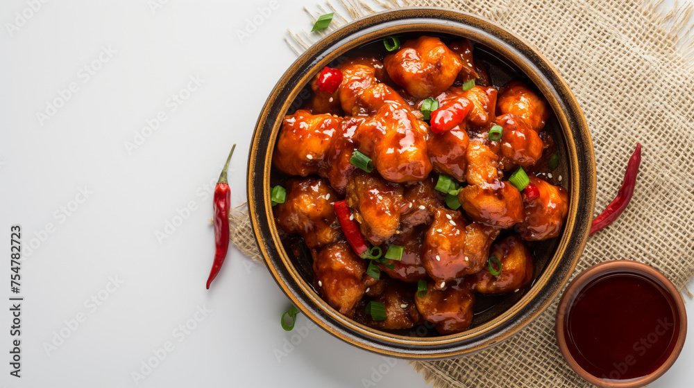 Top View Indo-Chinese Cuisine chilli chicken on Grey Background - obrazy, fototapety, plakaty 