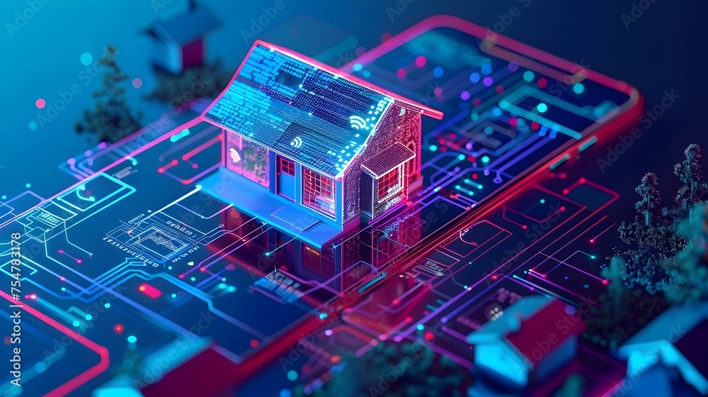 Illuminated Smart Home Concept on Digital Blueprint, Futuristic Housing Technology, Illuminated Smart Home Concept on Digital Blueprint, Futuristic Housing Technology,
