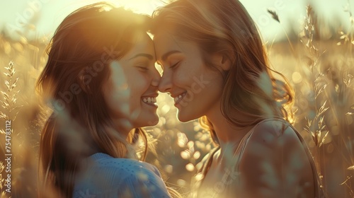 Young LGBTQ lesbian couple in love relationship concept, girlfriend embracing kissing together while walking together in spring field with golden hour sunset, a passionate moment in homosexual bonding