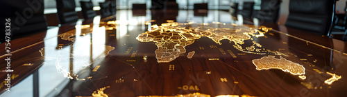 On the boardroom table, a vivid world map highlights the company's geographic expansion into new markets across continents. Glowing nodes throb brighter as revenue streams from each region brilliantly