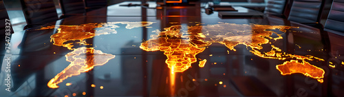 On the boardroom table, a vivid world map highlights the company's geographic expansion into new markets across continents. Glowing nodes throb brighter as revenue streams from each region brilliantly