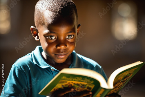 One African boy kid is passionately reading colorful book.