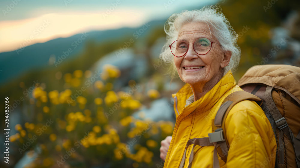 An elderly person smiling, wearing a yellow jacket and a backpack, surrounded by nature, possibly on a walk or hike outdoors. Ai generative An elderly person smiling, wearing a yellow jacket and a backpack, surrounded by nature, possibly on a walk or hike outdoors. Ai generative