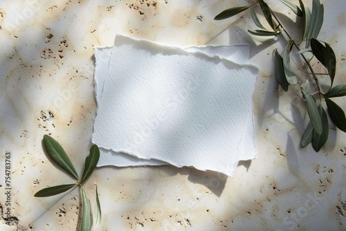 Summer wedding stationery mock up scene. Blank cotton paper greeting cards, invitations with olive leaves. Elegant marble background in sunlight, shadows overlay. Flat lay, top view. generative ai.