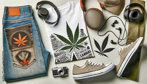 Cannabis Lifestyle Flatlay with Denim and Sneakers photo