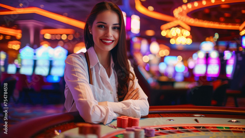 Young woman playing roulette at night club. Casino, entertainment and people concept