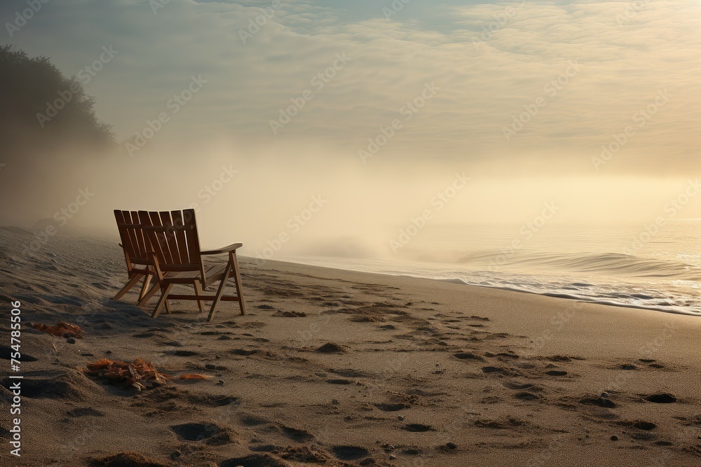 Atmospheric Morning foggy beach sunset. Coastline horizon. Generate Ai