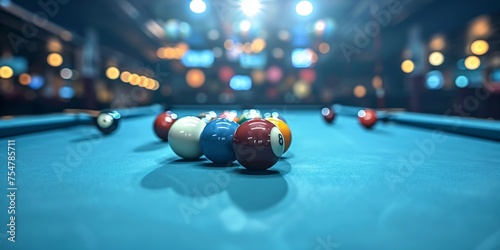 A game of pool with balls and cue on the table. photo