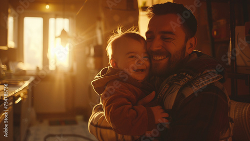 Portrait of a smiling dad with a cute happy baby at home he hugging little son at sunrise