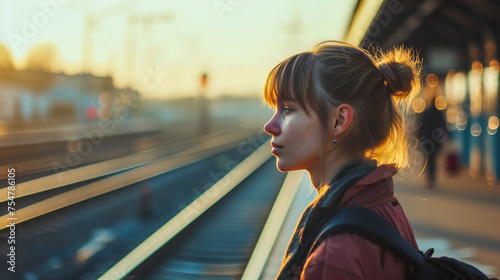 A young woman is standing at the train station, waiting for the train