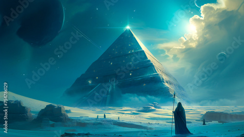A pyramid of wisdom, surrounded by planets. Eternal temple of wisdom, esoteric, hermetic and cabal fantasy concept. photo