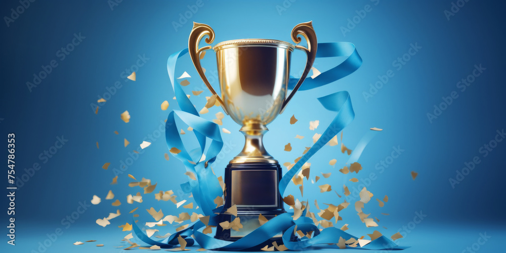 Golden trophy and streamers, business and competition concept, blue background, celebration confetti celebration confetti ribbon and sparkling glitter, symbolizing victory and success in a competition