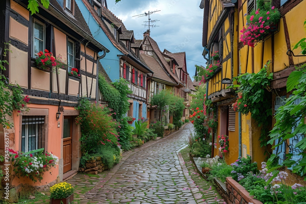 Vibrant historic half-timbered buildings in a picturesque French village.