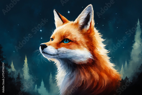 Charming red fox against the background of the night starry sky and forest. Beautiful watercolor illustration. Portrait of a wild forest animal, suitable for posters, books or clothing design.