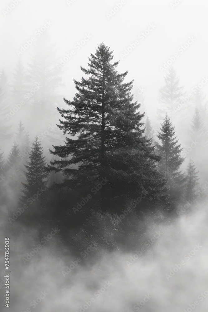 Black and white shot of forest in fog