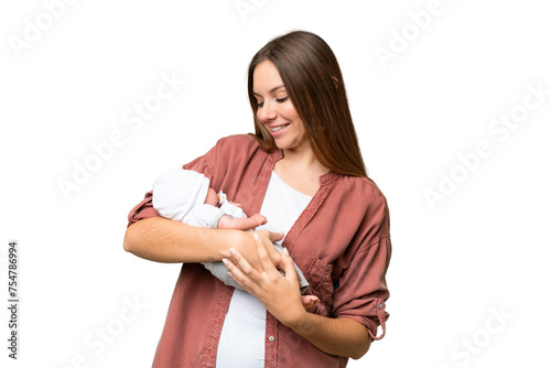Young blonde woman  with her newborn baby over isolated chroma key background with happy expression