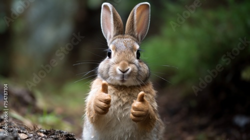 Portrait of friendly rabbit making thumbs up.